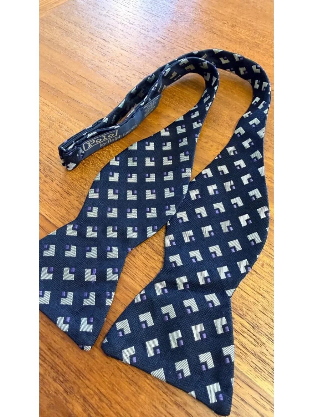 Polo Ralph Lauren Mens Silk Adjustable Bow Tie Geometric Pattern Black & Purple